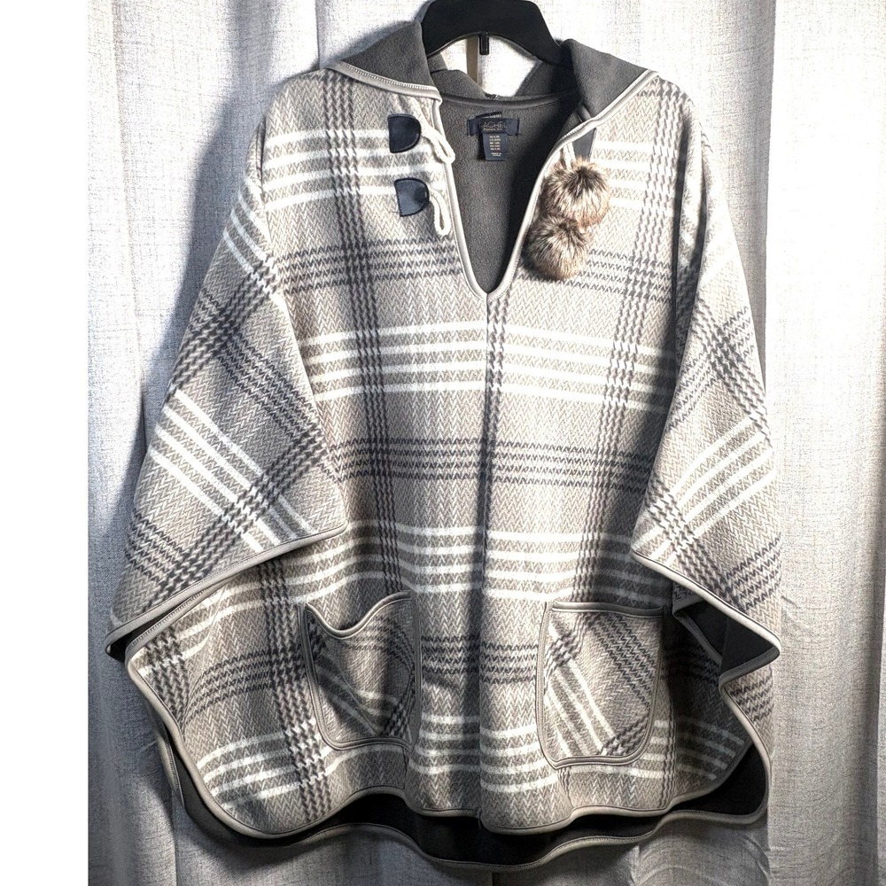 Rachel Rachel Roy Plaid Hooded Poncho Grey Cream Fleece Lined Toggle L/XL